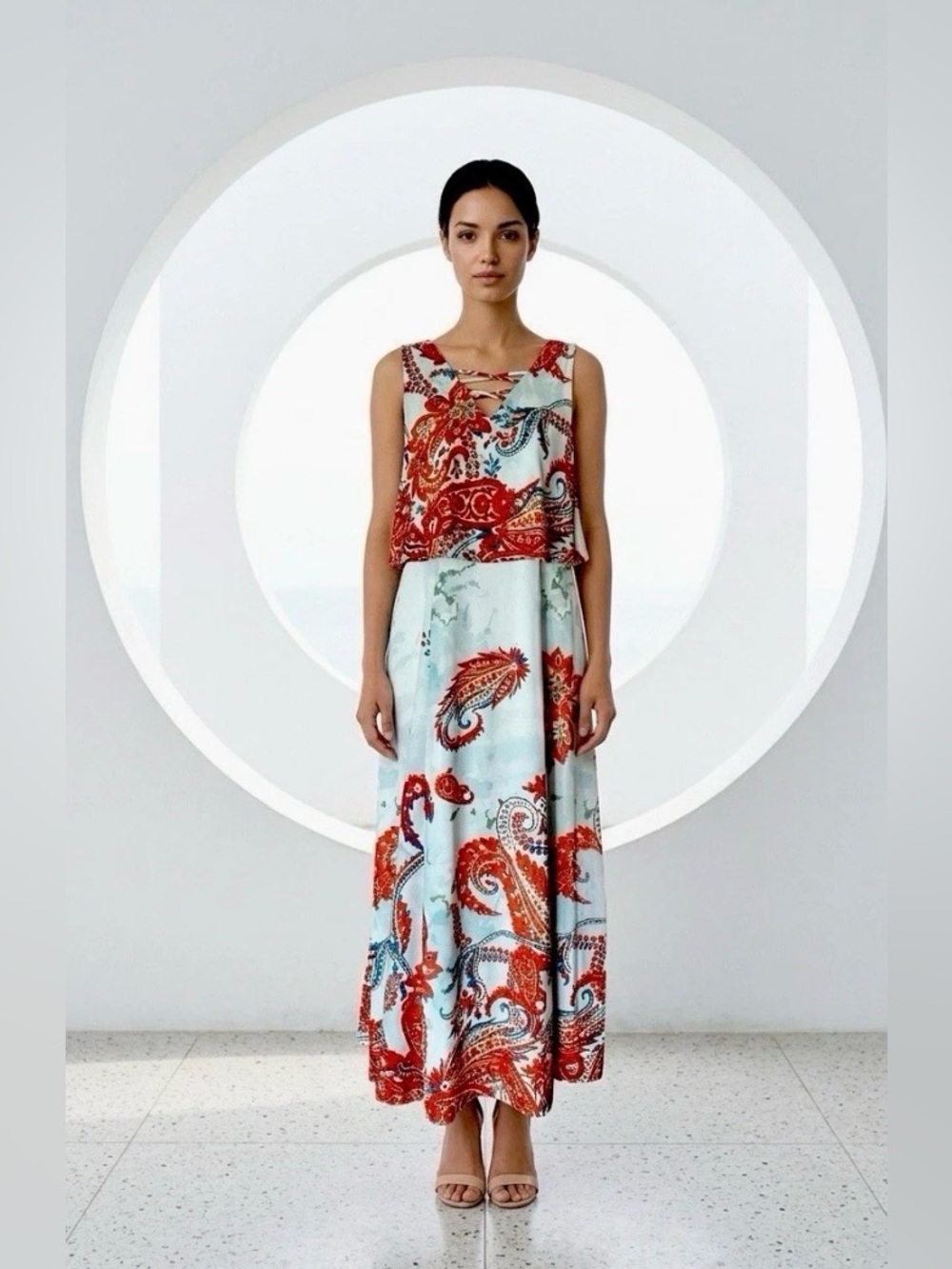 New Sleeveless Bright Paisley Print Maxi Dress - White Base